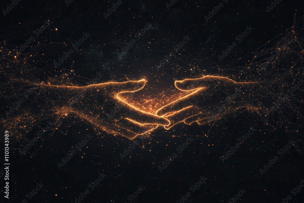 Aufkleber A cosmic depiction of two hands reaching out, intertwined with glowing particles, symbolizing connection and unity in a vast universe.