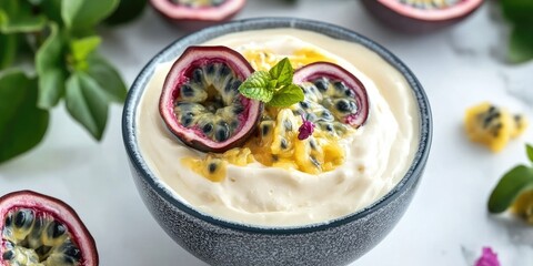 Passionfruit yoghurt displayed in a bowl from a top view, showcasing the delicious combination of yoghurt and passionfruit for a vibrant, appetizing presentation of yoghurt.