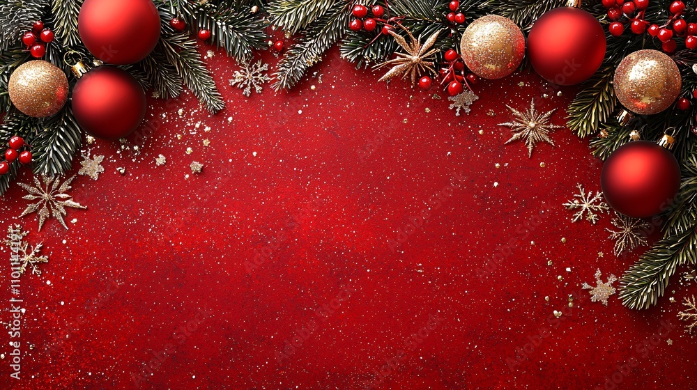 Poster A classic New Year theme featuring a red and gold color palette with fireworks and sparkling lights Stock Photo with side copy space