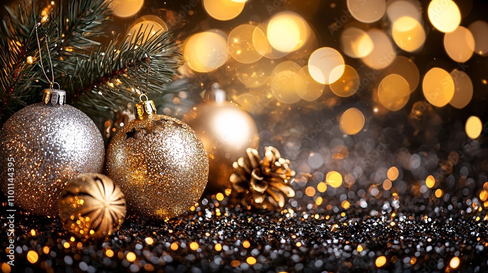 Poster An elegant New Year background with a bokeh effect of gold and silver lights on a dark gradient Stock Photo with side copy space