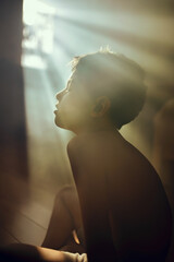 The boy was thinking about something in the sunlight