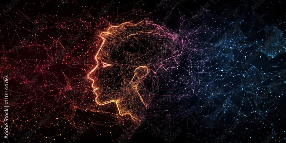 Poster a digital illustration of a human profile created using luminous particles, set against a dark backg