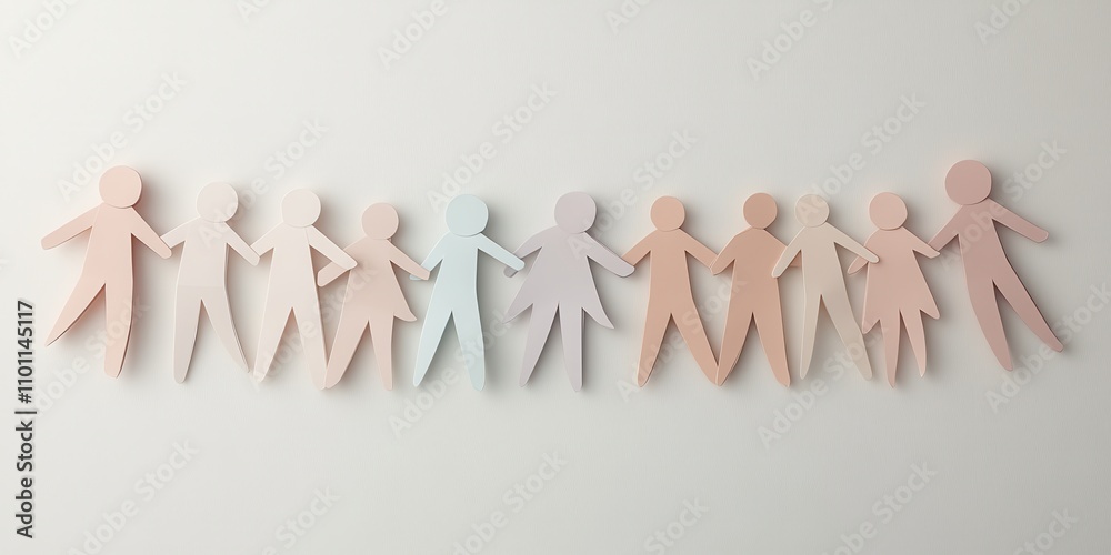 Poster A row of colorful paper cutouts representing diverse people holding hands, symbolizing unity and togetherness.