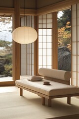 Naklejka premium Tranquil Japanese-Inspired Interior with Nature View