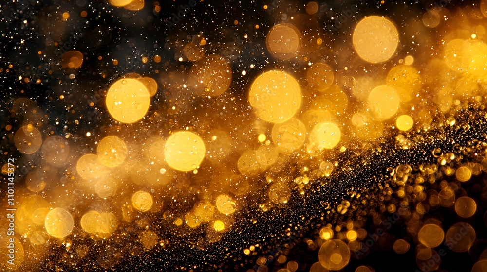 Poster A dynamic New Year background with champagne bubbles rising over a gold-and-black gradient Stock Photo with side copy space