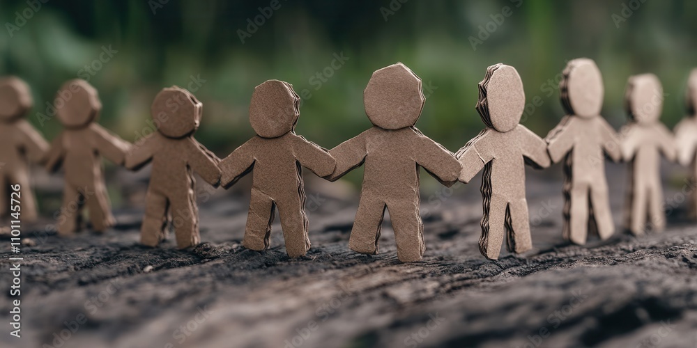 Poster a row of cardboard cutout figures holding hands, symbolizing unity and togetherness in a natural set