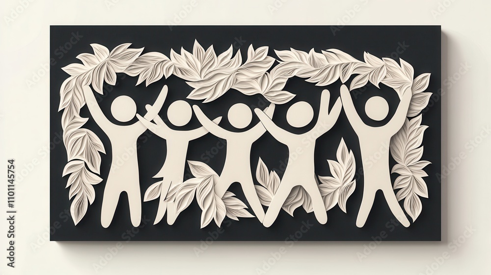 Poster a stylized artwork depicting five abstract figures holding hands under a canopy of leaves, symbolizi