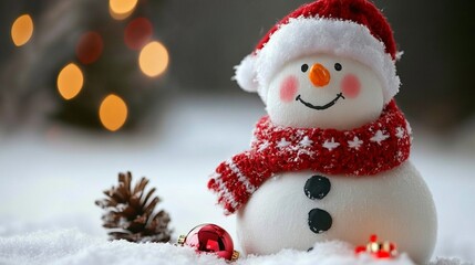 A cheerful snowman dons a vibrant red hat and scarf, embodying the festive spirit of Christmas in a winter wonderland setting.