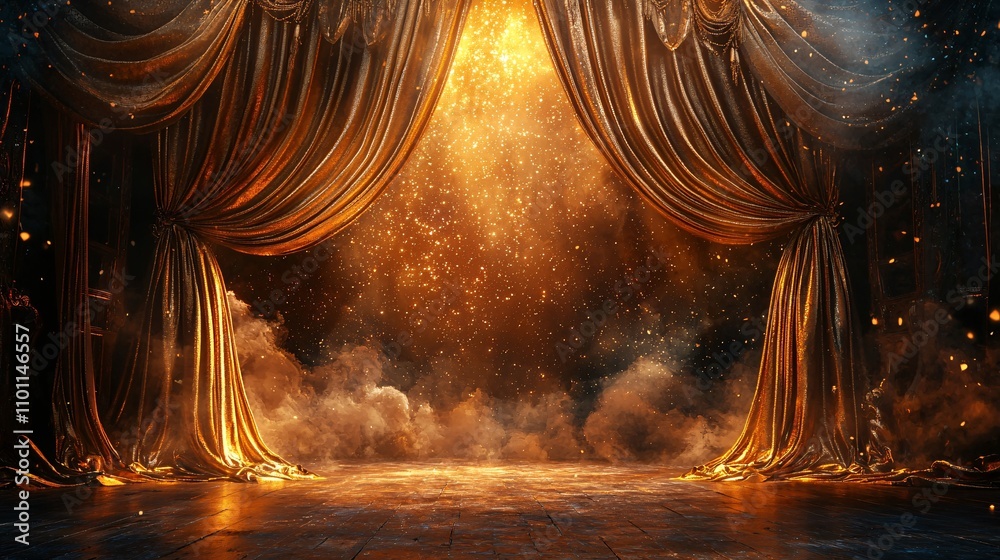 Poster A luxurious New Year backdrop with shimmering curtains of golden glitter cascading down the frame Stock Photo with side copy space