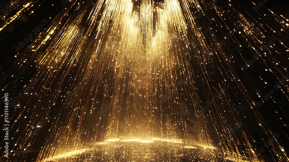 Poster A luxurious New Year backdrop with shimmering curtains of golden glitter cascading down the frame Stock Photo with side copy space