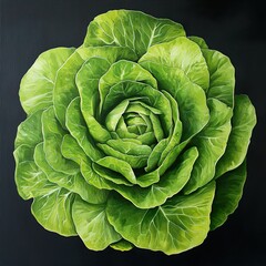 Obraz premium Close-up of a vibrant green lettuce, showcasing its intricate details and texture. A botanical still life celebrating the beauty of nature's bounty.
