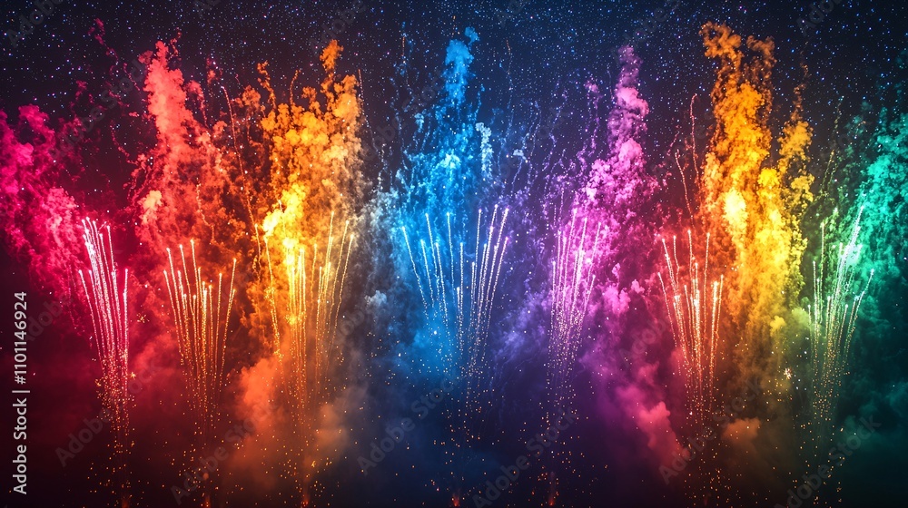 Poster a joyful new year scene with fireworks in rainbow colors lighting up a clear starry night sky stock 
