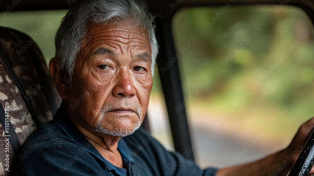 Poster An elderly Asian driver practicing proper signaling techniques under the supervision of a skilled instructor Stock Photo with side copy space