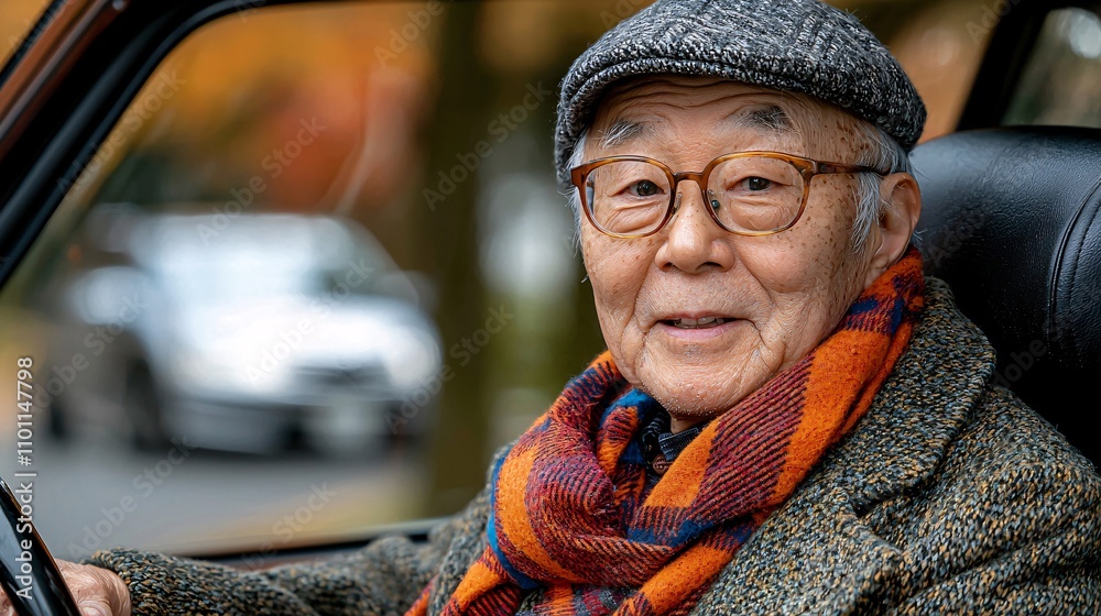 Poster an elderly asian student mastering vehicle navigation during a practical driving class stock photo w