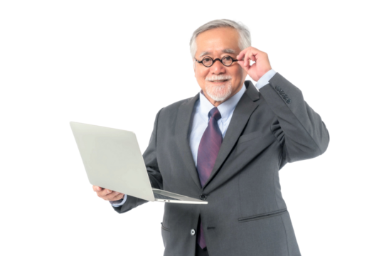 Asian senior businessman , senior man , old man wear glasses using laptop computer , smiling feel happy isolated on a transparent background , concept for senior business success