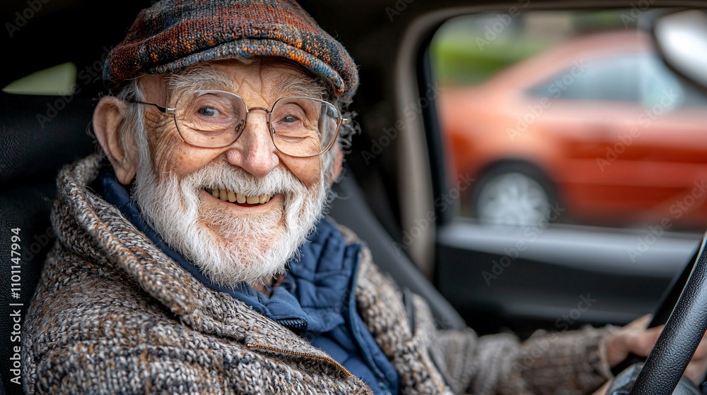 Poster An elderly student learning to drive in an adaptive car with accessible controls and a supportive instructor Stock Photo with side copy space