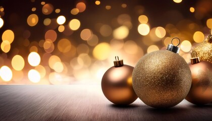 Fototapeta premium Elegant golden christmas balls creating a festive atmosphere on a wooden surface with warm, sparkling bokeh lights in the background