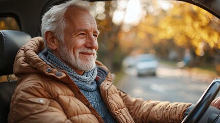 A senior practicing lane changes on a quiet street during a driving school session focused on freedom and confidence Stock Photo with side copy space