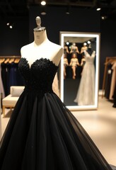 Elegant Black Ball Gown Dress on Mannequin in Boutique
