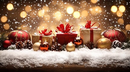 A festive table adorned with numerous colorful presents, all set against a serene backdrop of soft, white snow, capturing the spirit of Christmas joy.
