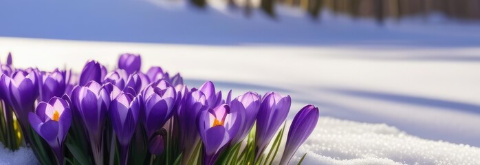 Purple crocuses emerging from under snow in early spring. beautiful banner with Flowers, snow and  copy space