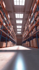 Fototapeta premium Interior of a large warehouse with stacked boxes