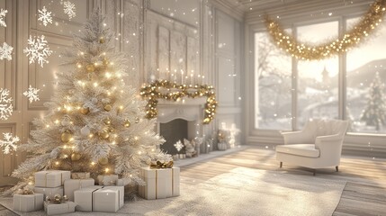 Elegant Christmas living room with decorated tree, fireplace, gifts, and snowy view.