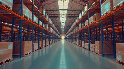 Fototapeta premium Interior of a large warehouse with stacked boxes