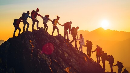 Group of Hikers Holding Hands in a Line, Helping Each Other Up a Mountain at Sunset, Inspirational Teamwork and Motivation Concept, Outdoor Adventure, HD Scenic Landscape