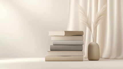 Neutral-toned stack of books with minimalist decor