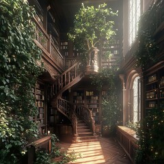 Fototapeta premium Enchanted Library: A Sunlit Haven of Old Books and Wooden Architecture