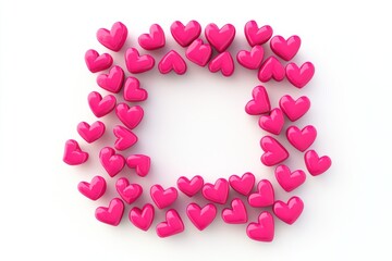 Obraz premium Bright pink hearts compose a square frame in 3D, ready for messages on a white background.