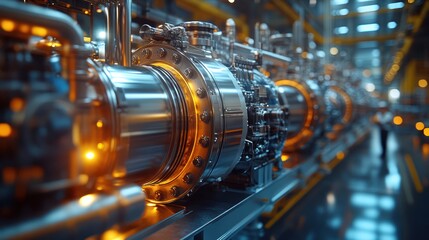 Detailed view of workers assembling geothermal energy generators in a sustainable energy production facility.