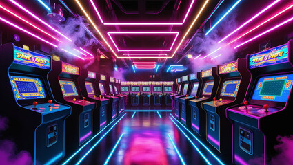 Neon-Lit Arcade with Rows of Retro Arcade Machines
