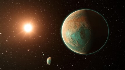 Obraz premium An exoplanet with teal oceans and brown continents orbits a bright orange star, accompanied by two small moons.