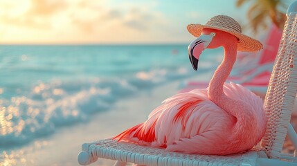 A flamingo wearing a straw hat relaxes by the beach at sunset.