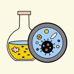 This vector illustration features a laboratory flask and a microscopic view of microorganisms, perfect for scientific and educational digital products.