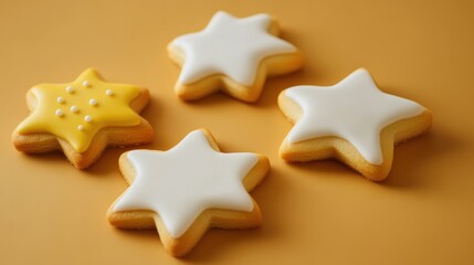 Obraz premium Four white and yellow star shaped cookies with white icing