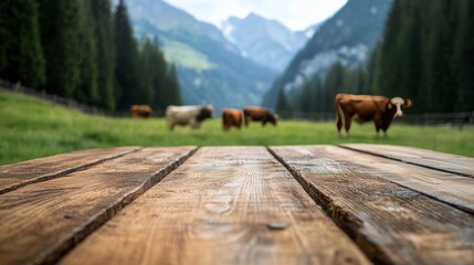 Rustic wooden table in foreground with blurred cows grazing on grass in alpine landscape