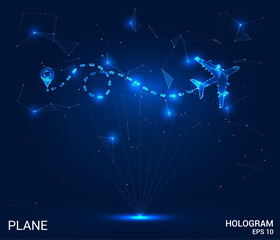 Hologram plane. Plane made of polygons, triangles, dots, and lines. Low-poly plane structure of connections. Technology concept vector.