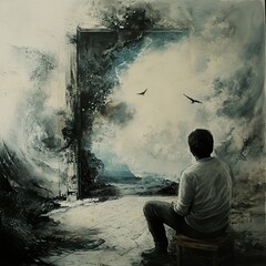 Obraz premium A Man Contemplates the Ocean: A Dreamlike Seascape Painting
