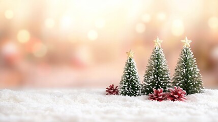 Naklejka premium Three small Christmas trees adorn a snowy landscape, embodying the festive spirit of winter and the joy of the holiday season.