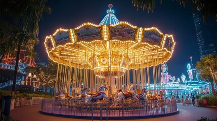 Obraz premium Captivating long exposure of spinning carousel creating light trails at night in amusement park