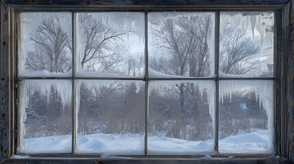 Large window with ice patterns formed on its surface, surrounded by old wooden frames, Ai generated images