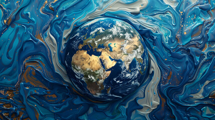 Artistic Illustration of Earth Surrounded by Swirling Blue and Gold Abstract Patterns.