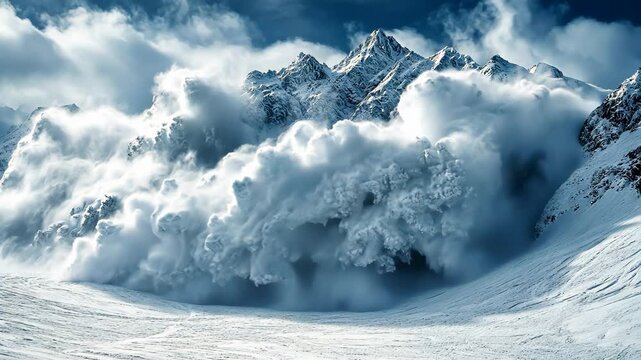 A massive snow avalanche thunders down the rugged mountainsides, showcasing the aweinspiring force and beauty of nature under a stormy sky during this intense winter moment filled with wonder