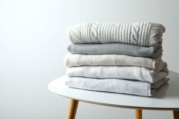 A stack of freshly washed, neatly folded clothing on a wooden table