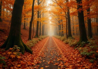 Fototapeta premium Vibrant autumn forest pathway surrounded by colorful foliage in serene light