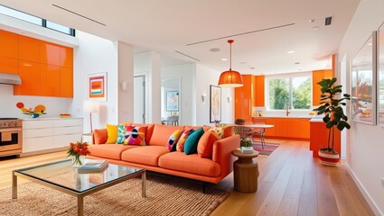 Modern living room featuring Scandinavian design and bold, colorful furniture accents.