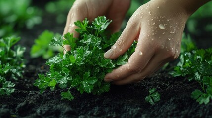 A gardener's hands gently pulling out a bunch of fresh